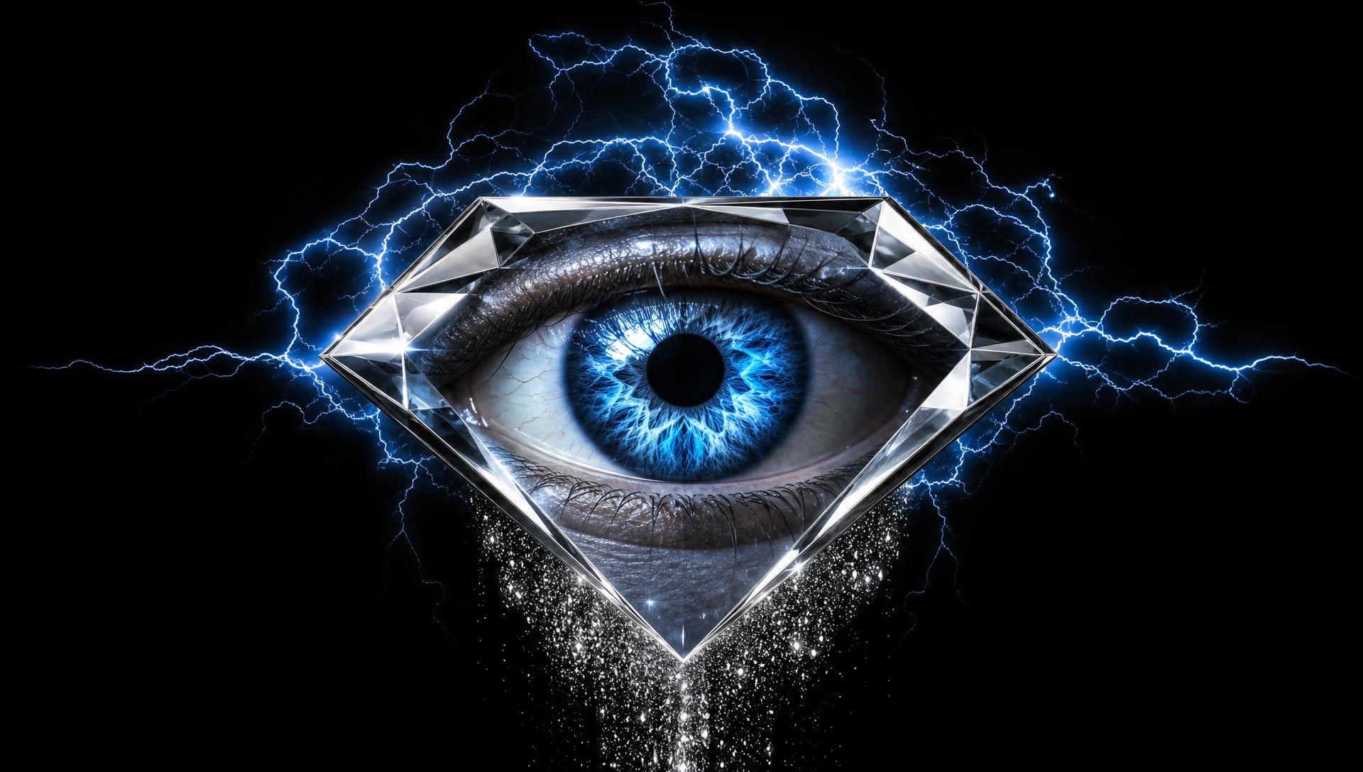 Diamond Eyes brand mark: a bright blue eye framed by a faceted diamond with electric lightning