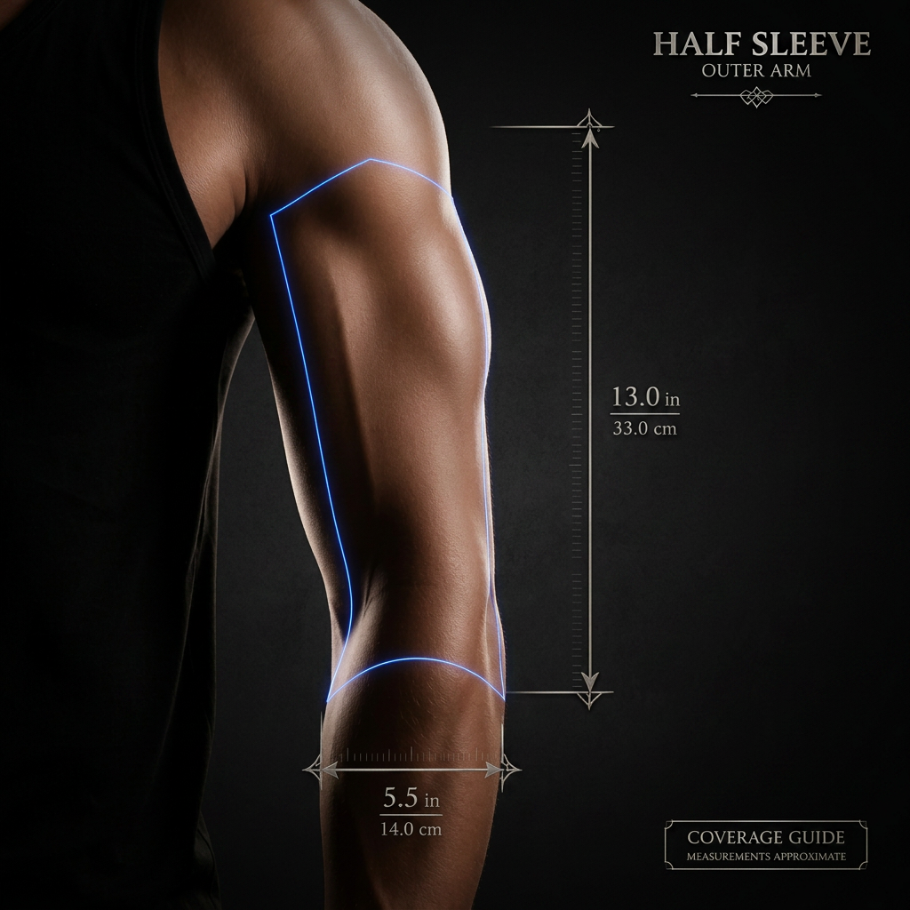 Outer arm from shoulder to elbow with the half sleeve coverage zone measured, used as a tattoo removal size reference