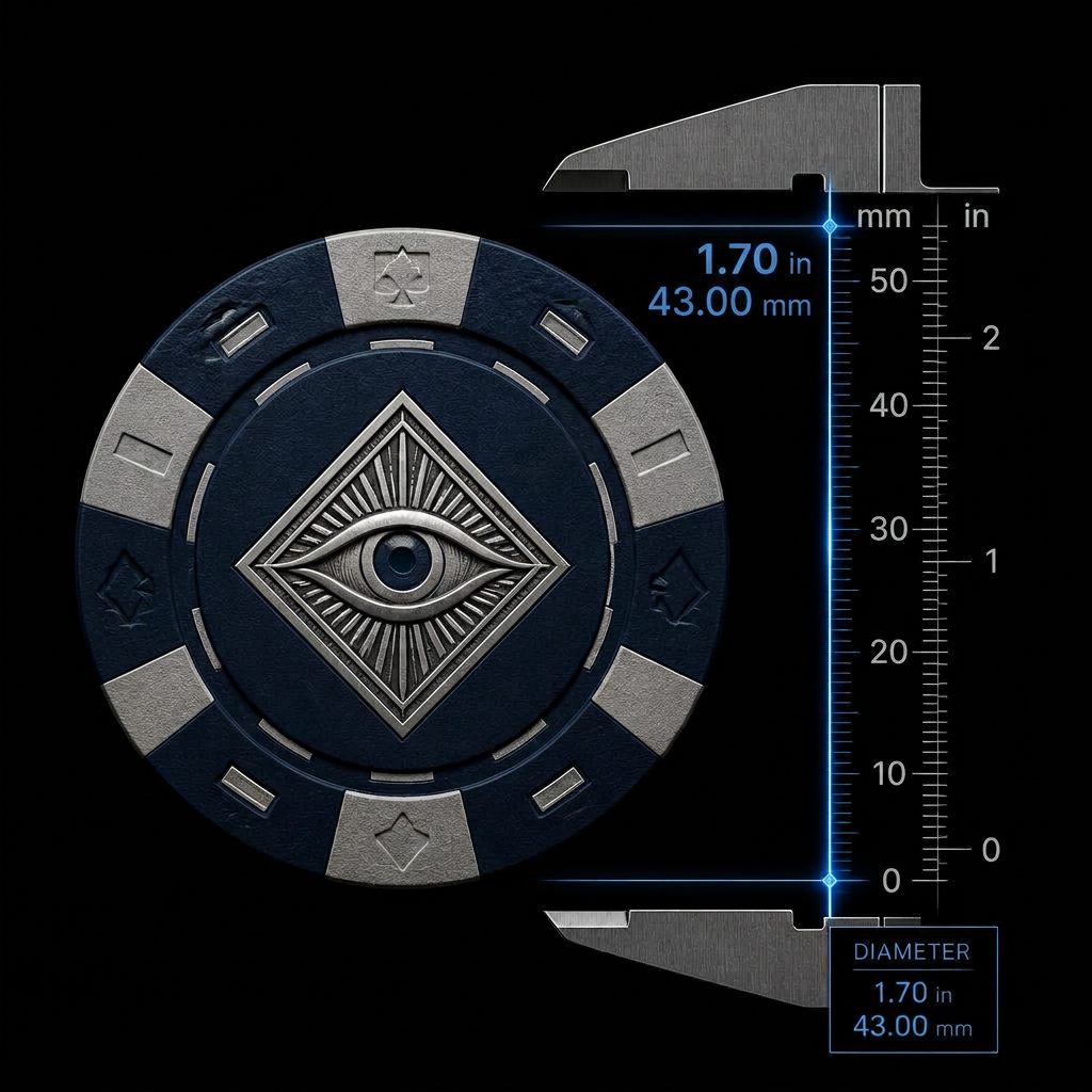Poker chip with measurements: 1.55 inch diameter, used as a tattoo removal size reference