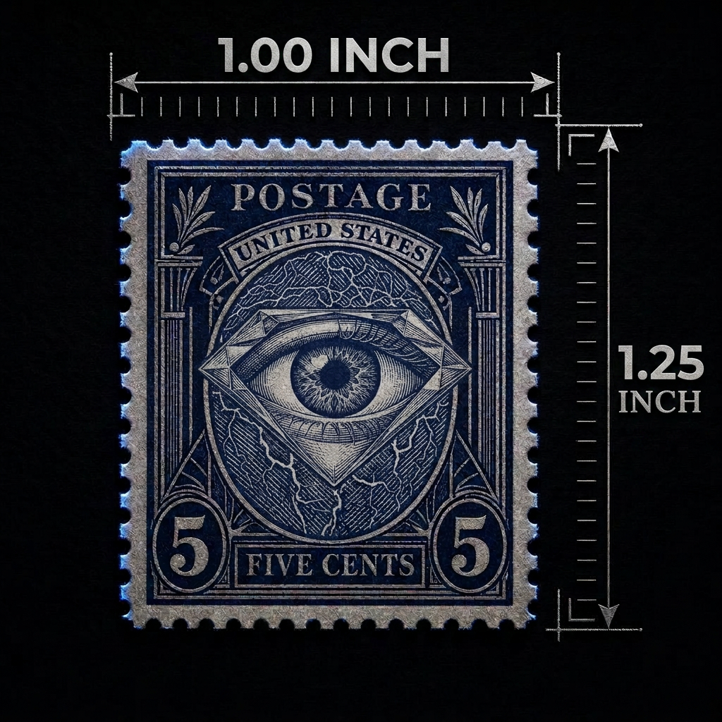 Postage stamp with measurements: 1 inch wide by 1.25 inches tall, used as a tattoo removal size reference